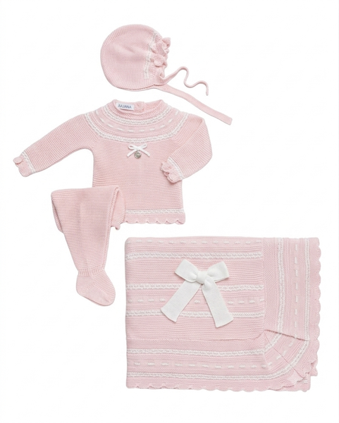 BABY FRILLS KNIT BOW BLANKET AND NEWBORN 4P SET