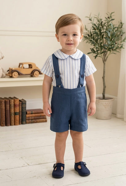 BOYS BLUE STRIPED SHIRT AND SUSPENDER SHORT 2P SET