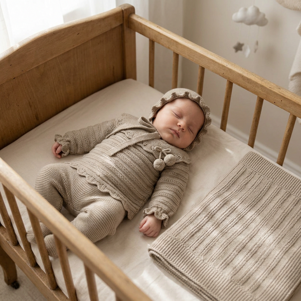 BEIGE BABY LINES BLANKET AND NEWBORN 4P SET
