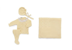 LIGHT YELLOW BABY CABLE KNIT BLANKET AND LACE COLLAR NEWBORN 4P SET