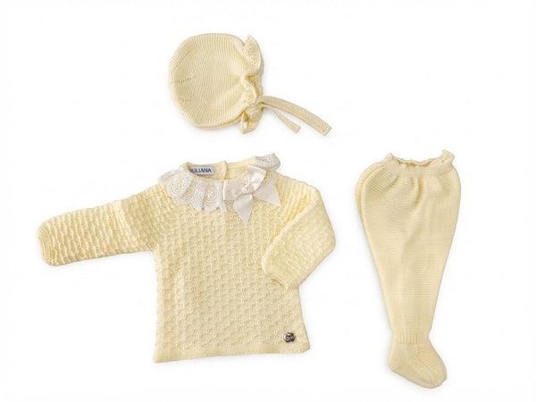 YELLOW NEWBORN GATHERED AND LACE TRIMMED 3P SET