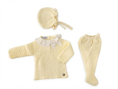 YELLOW NEWBORN GATHERED AND LACE TRIMMED 3P SET