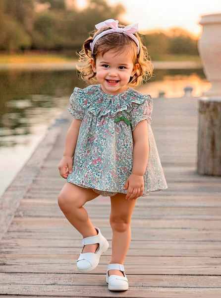 GIRLS FLORAL PRINT SMOCK COLLAR SHORT DRESS WITH BLOOMER 2P PISA