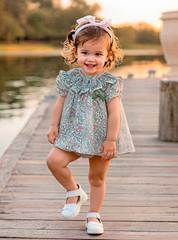 GIRLS FLORAL PRINT SMOCK COLLAR SHORT DRESS WITH BLOOMER 2P PISA