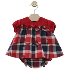 GIRLS PLAID RED VELVET SHORT DRESS WITH BLOOMER