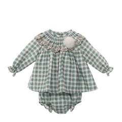 GIRLS PLAID WITH RUFFLE BEIGE COLLAR SHORT DRESS 2P SET ROMERO