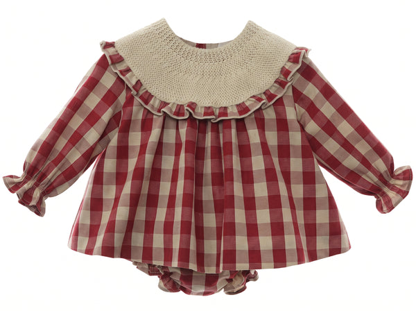 GIRLS CHECKERED KNIT COLLAR SHORT DRESS SET GUINDA