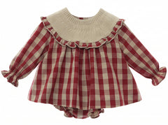 GIRLS CHECKERED KNIT COLLAR SHORT DRESS SET GUINDA
