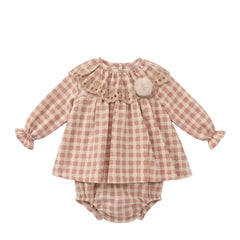 GIRLS PLAID WITH RUFFLE BEIGE COLLAR SHORT DRESS 2P SET ROMERO