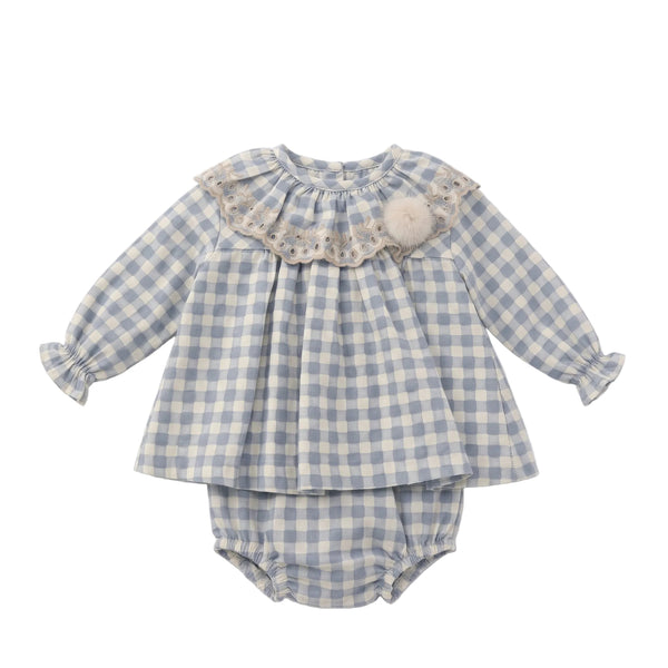 GIRLS PLAID WITH RUFFLE BEIGE COLLAR SHORT DRESS 2P SET ROMERO