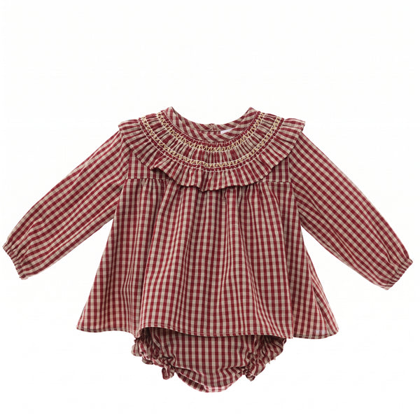 GIRLS BURGUNDY PLAID SHORT DRESS SET ROMA