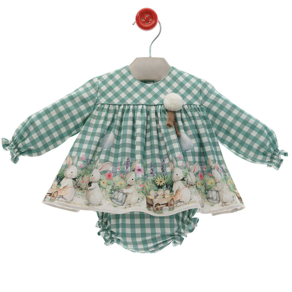 BABY GIRL BUNNIES PLAID SHORT DRESS WITH BLOOMER 2P SET BOTONES