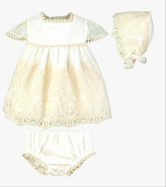 GIRLS LACE SLEEVE DRESS WITH BONET 2P SET