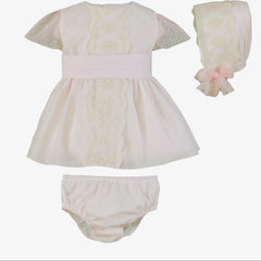 BABY TULLE AND CENTRAL LACE DRESS,BLOOMER AND BONNET 3P SET