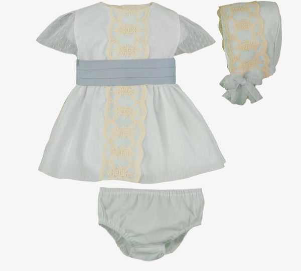 BABY TULLE AND CENTRAL LACE DRESS,BLOOMER AND BONNET 3P SET