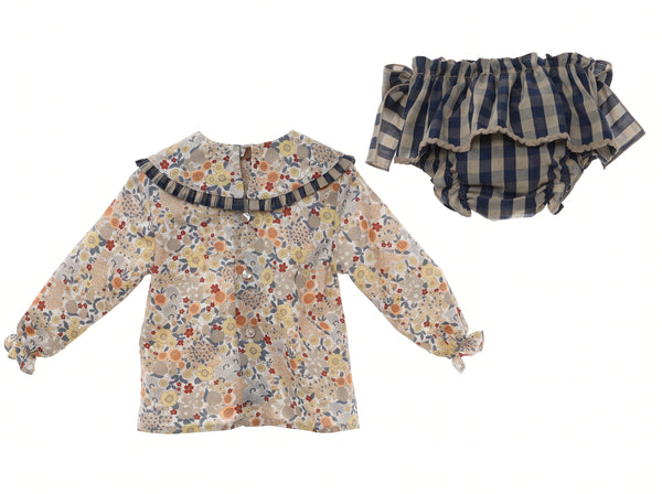 GIRLS FLOWERS BLOUSE AND PLAID BLOOMER SET CAMELIA