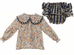GIRLS FLOWERS BLOUSE AND PLAID BLOOMER SET CAMELIA