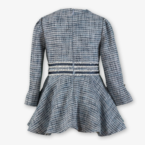 GIRL VELVET BOW TWEED BLUE DRESS