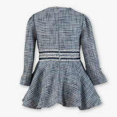 GIRL VELVET BOW TWEED BLUE DRESS