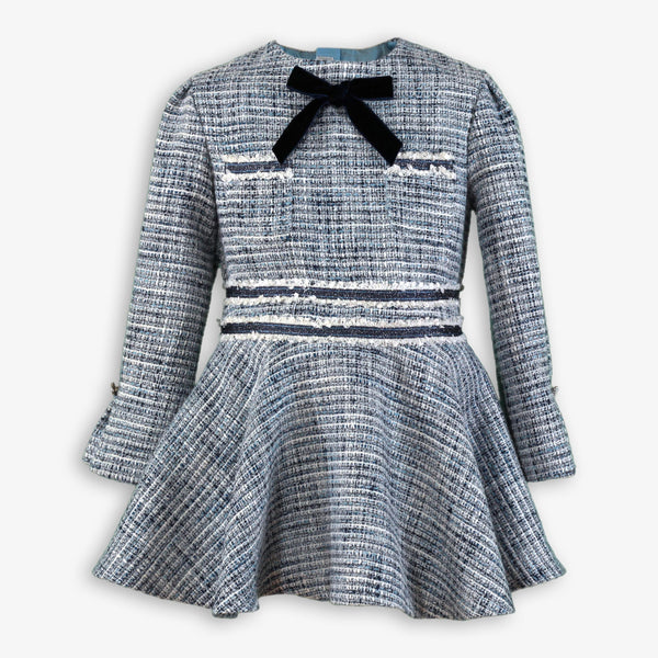 GIRL VELVET BOW TWEED BLUE DRESS