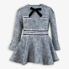 GIRL VELVET BOW TWEED BLUE DRESS