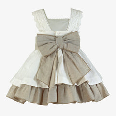 GIRL FLORAL APPLIQUE AND RUFFLE BEIGE DRESS