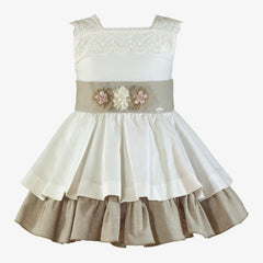 GIRL FLORAL APPLIQUE AND RUFFLE BEIGE DRESS