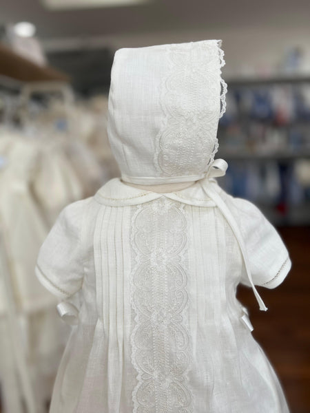 CEREMONY BOW AND LACE LINEN ROMPER WITH BONNET