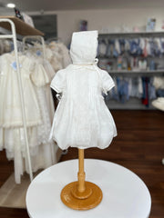 CEREMONY BOW AND LACE LINEN ROMPER WITH BONNET
