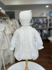 CEREMONY BOW AND LACE LINEN LONG SLEEVE ROMPER WITH BONNET
