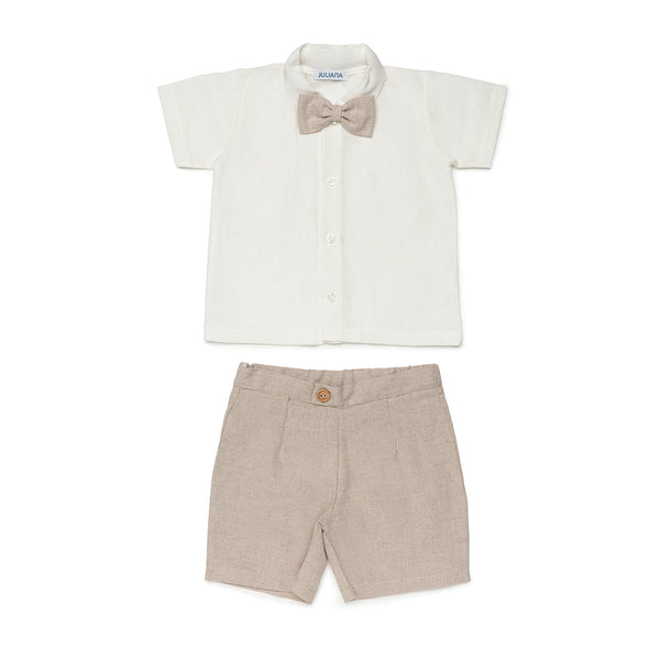 BOYS SHIRT AND BEIGE SHORT AND BOW TIE SET