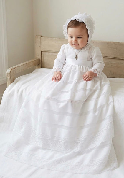 LONG WHITE STRIPED CHRISTENING UNISEX DRESS