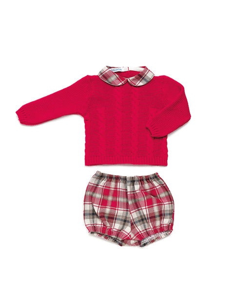 BOYS BRAID RED SWEATER AND CHECKED SHORT SET