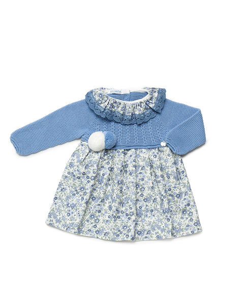 GIRLS FLORAL PRINT AND POM POM KNIT DRESS