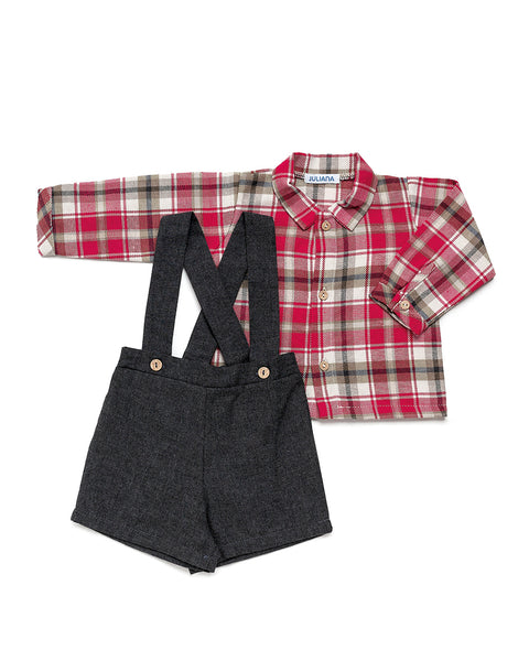 BOYS SUSPENDER WITH SHORT PANTS AND PLAID SHIRT SET