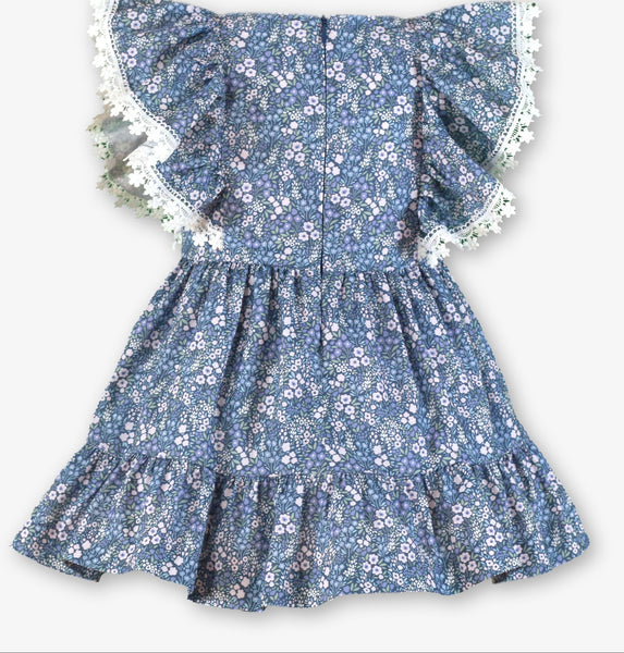 GIRLS BLUE FLOWERS RUFFLE SLEEVE DRESS