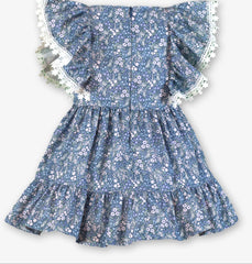 GIRLS BLUE FLOWERS RUFFLE SLEEVE DRESS