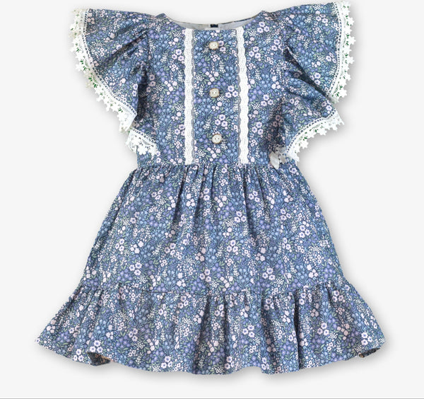 GIRLS BLUE FLOWERS RUFFLE SLEEVE DRESS
