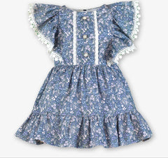 GIRLS BLUE FLOWERS RUFFLE SLEEVE DRESS
