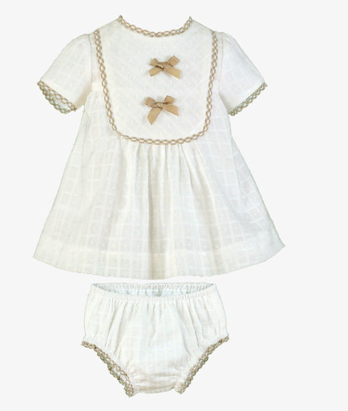 GIRLS PLUMETI WITH BEIGE DETAILS WHITE DRESS 2P SET
