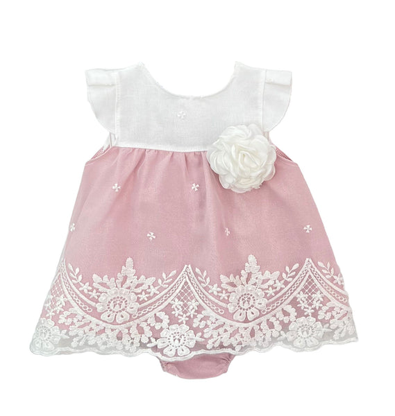 BABY FLOWER APPLIQUE AND LACE SHORT DRESS  2P