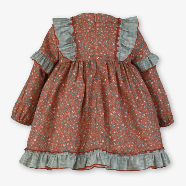 GREEN LITTLE FLOWERS PLAID RUFFLE  DRESS