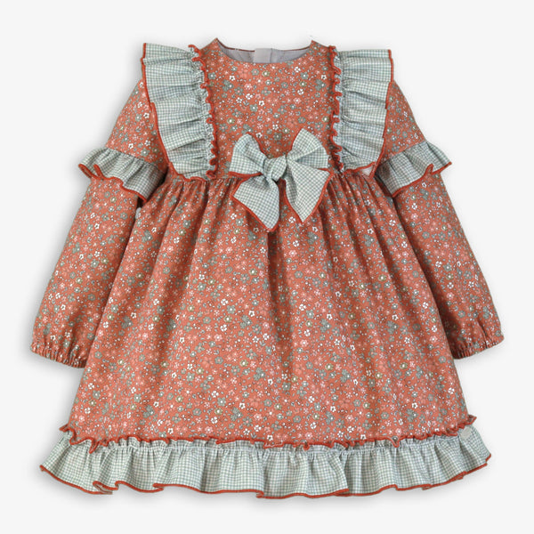 GREEN LITTLE FLOWERS PLAID RUFFLE  DRESS