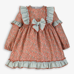 GREEN LITTLE FLOWERS PLAID RUFFLE  DRESS