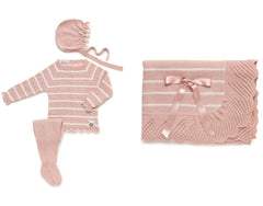 BABY STRIPPED BRAIDED WITH RUFFLE BLANKET AND NEWBORN  4P SET