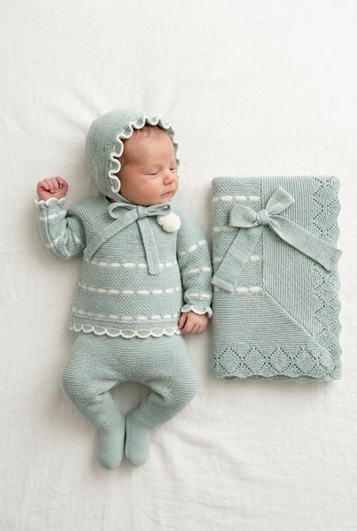 BABY IVORY CHAIN PATTERN BLANKET AND NEWBORN 4P SET