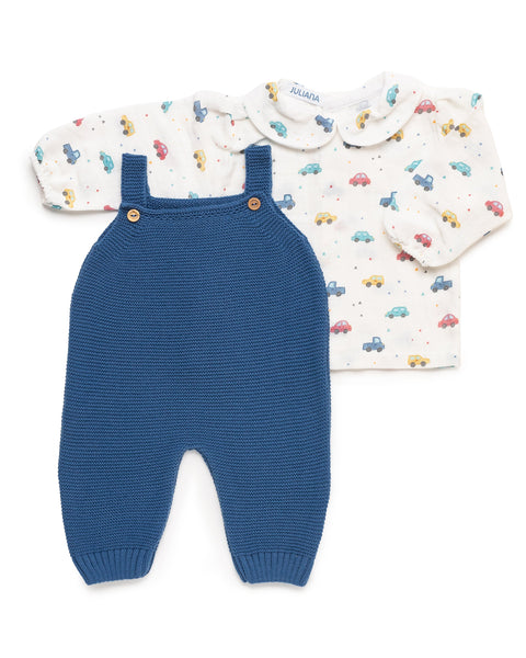 BABY KNITTED OVERALL WITH CAR FABRIC SHIRT 2P
