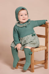 GIRL LITTLE FLOWERS POMPONS AND KNITTED DRESS