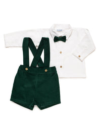 BOYS VELVET DUNGAREE AND SHIRT WITH BOW TIE SET
