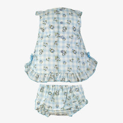 GIRL BLUE FLOWERS AND PLAID SHORT DRESS SET